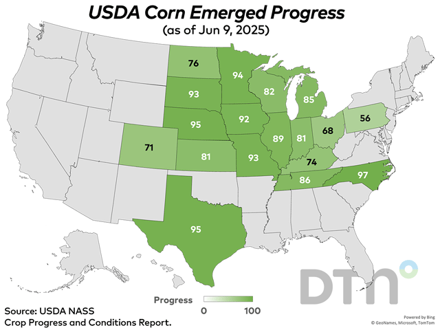 This map shows corn emergence by state, according to USDA NASS estimates released Monday. (DTN graphic by Kathy Myers)