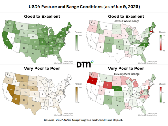 Pasture and range conditions this week shows Eastern states have better conditions than West. (DTN graphics by Kathy Myers)