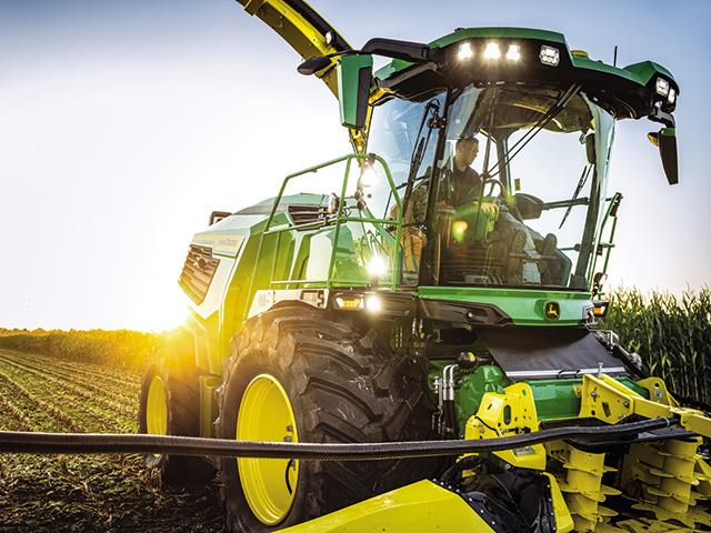 Deere introduces F8 and F9 series self-propelled forage harvesters with new cabs, swivel seats, new harvesting technology packages and kernel processors, and a new inoculation system. (DTN image courtesy John Deere)