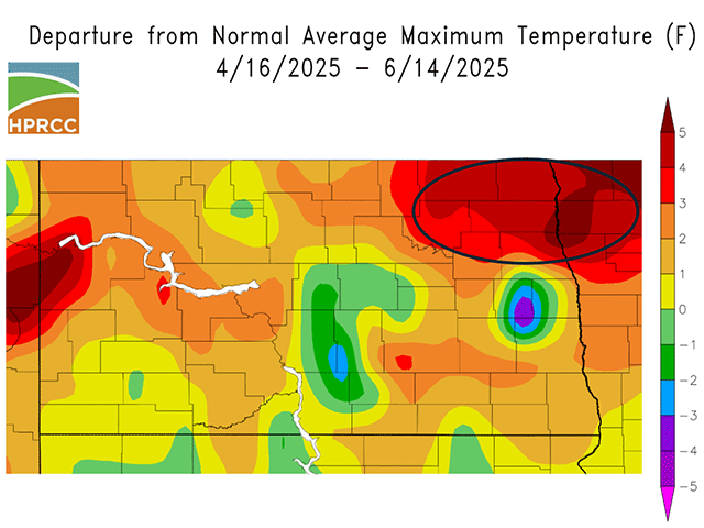 High temperatures from mid-April to mid-June in northeastern North Dakota and northwestern Minnesota averaged 4 to 5 degrees Fahrenheit above normal, including 99 F on May 11 which is 29 degrees above normal. (High Plains Regional Climate Center graphic)
