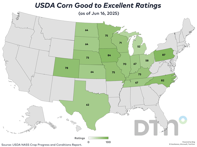 This map shows corn good-to-excellent ratings by state, according to USDA NASS estimates released Monday. (DTN graphic by Kathy Myers)