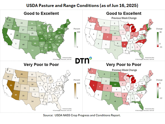 Much of the U.S. has seen moisture to help improve pasture and range conditions going into the first half of the summer. (DTN graphics by Kathy Myers)