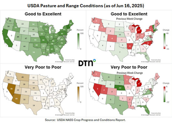 Much of the U.S. has seen moisture to help improve pasture and range conditions going into the first half of the summer. (DTN graphics by Kathy Myers)