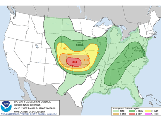 The Storm Prediction Center has a moderate risk of severe weather over important wheat areas in Kansas for Tuesday. (DTN graphic)