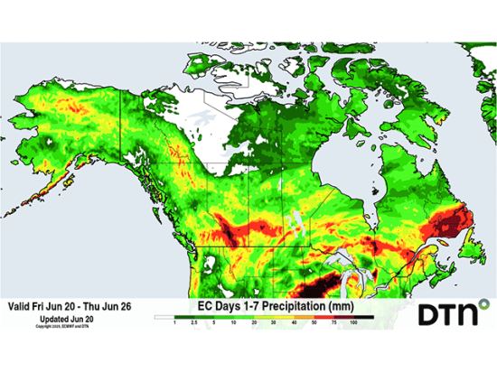 Heavy rainfall will move through Alberta and parts of Saskatchewan this weekend. Showers will be more scattered elsewhere. (DTN graphic)
