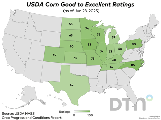 This map shows corn good-to-excellent ratings by state, according to USDA NASS estimates released Monday. (DTN graphic by Kathy Myers)