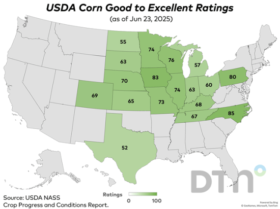 This map shows corn good-to-excellent ratings by state, according to USDA NASS estimates released Monday. (DTN graphic by Kathy Myers)