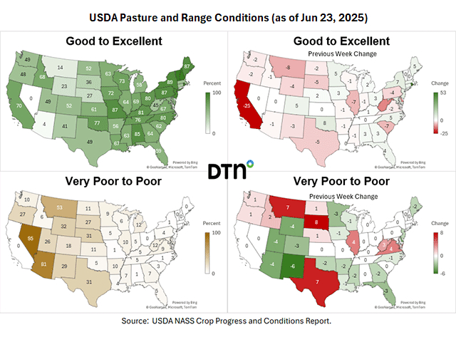 Much of the U.S. has seen moisture but still has poorer pasture conditions as compared to the previous year. (DTN graphics by Kathy Myers)
