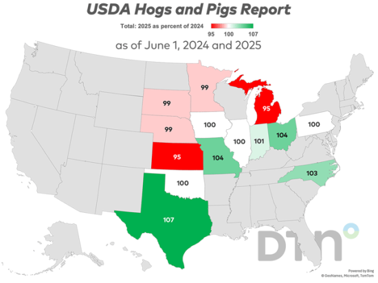 The U.S. inventory of all hogs and pigs on June 1, 2025, was 75.1 million head, up slightly from June 1, 2024, USDA NASS reported on Thursday. This chart shows year-over-year percentage changes by state. (DTN graphic by Kathy Myers)