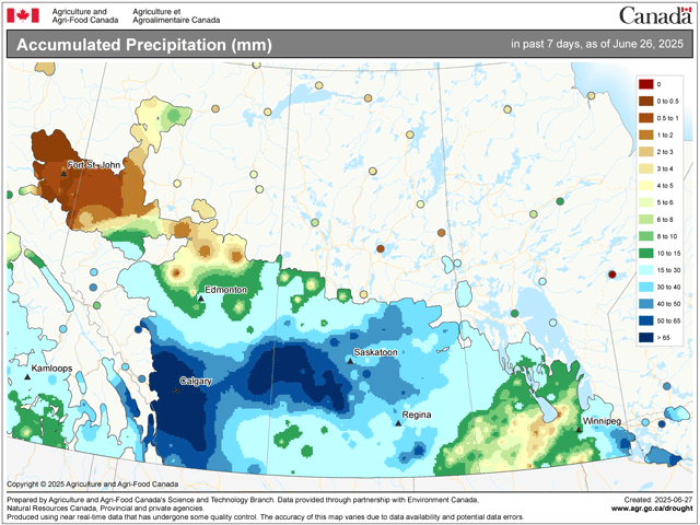 Widespread areas of moderate and heavy rain in darker blue shades account for more than 30 millimeters (1.2 inches) of rain in large portions of Alberta and Saskatchewan over the last week. Areas in the northwest and east were not as lucky, recording little precipitation in that time. (Agriculture and Agri-Food Canada graphic)