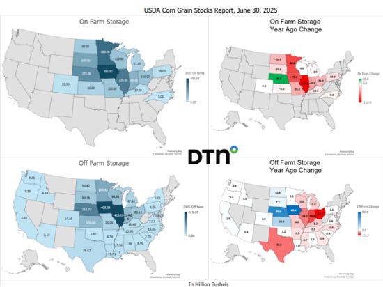 Corn stocks in all positions on June 1, 2025, totaled 4.64 billion bushels, down 7% from a year ago, according to USDA NASS. Of the total stocks, 2.56 billion bushels are stored on farms, down 16% from a year earlier. Off-farm stocks, at 2.09 billion bushels, are up 6% from a year ago. (DTN charts by Kathy Myers)