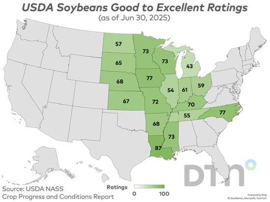 This map shows good-to-excellent condition ratings for soybeans by state, according to USDA NASS estimates released Monday. (DTN graphic by Kathy Myers)