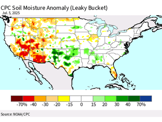Soil moisture across much of the United States is near or above normal as calculated by NOAA. Only the West and small portions of the Northern Plains and Midwest are seeing anomalously low amounts. (NOAA/CPC graphic)