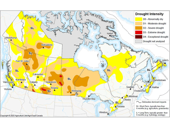 The Canadian Drought Monitor still shows significant areas of drought scattered throughout the region. (Agriculture and Agri-Food Canada graphic)