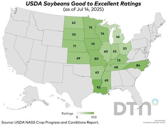 This map shows good-to-excellent condition ratings for soybeans by state, according to USDA NASS estimates released Monday. (DTN graphic by Nick Scalise)