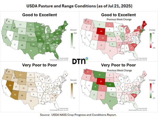 Pasture and range conditions improve nationwide, with localized drought conditions. (DTN graphics by Kathy Myers)
