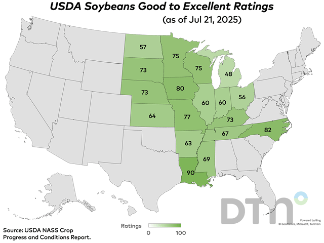 This map shows good-to-excellent condition ratings for soybeans by state, according to USDA NASS estimates released Monday. Nationwide, the soybean crop was rated 68% in good-to-excellent condition, down 2 percentage points from 70% the previous week. (DTN graphic by Kathy Myers)