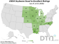 This map shows good-to-excellent condition ratings for soybeans by state, according to USDA NASS estimates released Monday. Nationwide, the soybean crop was rated 68% in good-to-excellent condition, down 2 percentage points from 70% the previous week. (DTN graphic by Kathy Myers)