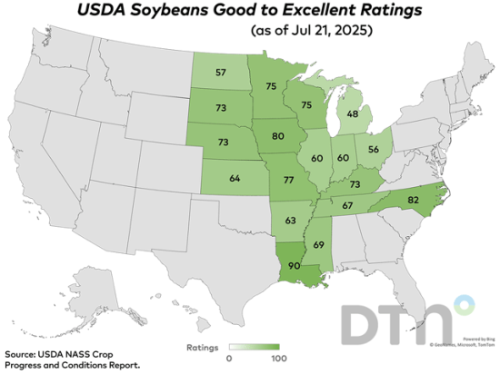 This map shows good-to-excellent condition ratings for soybeans by state, according to USDA NASS estimates released Monday. Nationwide, the soybean crop was rated 68% in good-to-excellent condition, down 2 percentage points from 70% the previous week. (DTN graphic by Kathy Myers)