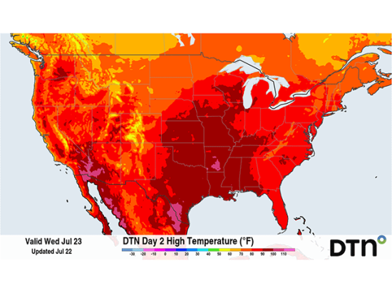 The DTN temperature forecast for July 23 shows widespread areas with highs in the 90s and some areas reaching over 100 degrees Fahrenheit. This heatwave will spread farther east this week and may last through the end of July and into August for some parts of the country. (DTN graphic) 