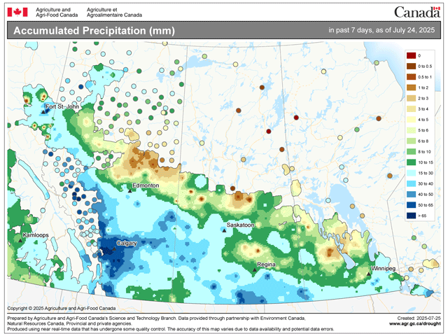 Rainfall during the last seven days in the Canadian Prairies was notable across the south, but spotty in the north. (Agriculture and Agri-Food Canada graphic)