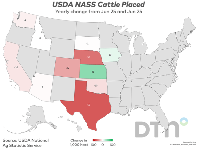 This chart shows the change in cattle placements by state from June 2024 to June 2025. Placements in U.S. feedlots during June totaled 1.44 million head, 8% below 2024, USDA NASS reported on Friday. (Source: USDA; maps by Kathy Myers)