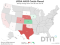 This chart shows the change in cattle placements by state from June 2024 to June 2025. Placements in U.S. feedlots during June totaled 1.44 million head, 8% below 2024, USDA NASS reported on Friday. (Source: USDA; maps by Kathy Myers)