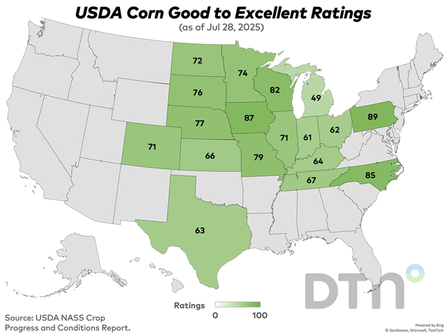 This map shows good-to-excellent condition ratings for corn by state, according to USDA NASS estimates released Monday. Nationwide, the soybean crop was rated 73% in good-to-excellent condition, down 1 percentage point from 74% the previous week. (DTN graphic by Kathy Myers)