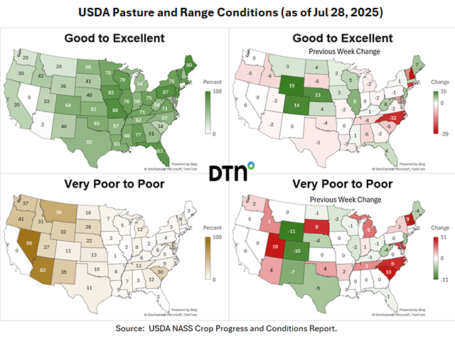 Rainfall in the areas where it was needed helped improve pasture and range conditions, especially in Nebraska. (DTN graphics by Kathy Myers)