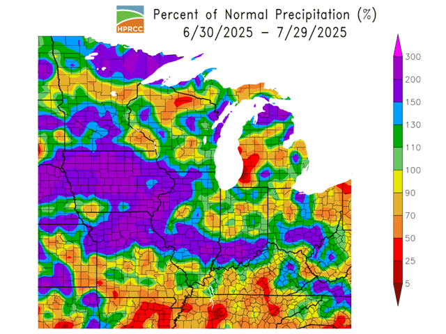 July rainfall in large portions of the Midwest totaled up to 300% of normal. Stations in central Iowa posted over 10 inches of rain for the month. (High Plains Regional Climate Center graphic)