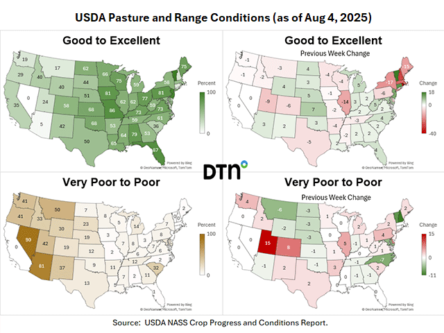 Pasture conditions continue to be on the good-to-excellent side across much of the country. (DTN graphics by Kathy Myers)