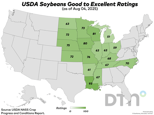 This map shows good-to-excellent condition ratings for soybeans by state, according to USDA NASS estimates released Monday. Nationwide, the soybean crop was rated 69% in good-to-excellent condition, down 1 percentage point from 70% the previous week. (DTN graphic by Kathy Myers)