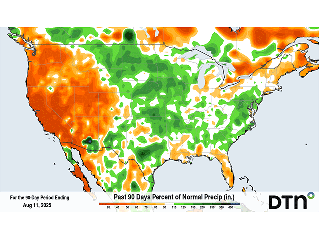 Rainfall during the summer has been awfully good for the vast majority of the Corn Belt, with most areas seeing more than normal in green. (DTN graphic) 