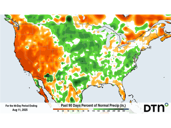Rainfall during the summer has been awfully good for the vast majority of the Corn Belt, with most areas seeing more than normal in green. (DTN graphic) 