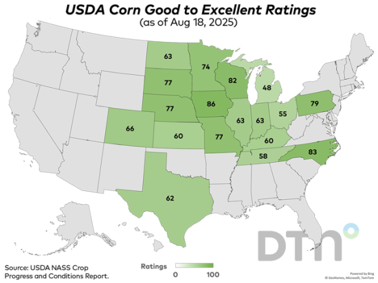 This map shows good-to-excellent condition ratings for corn by state, according to USDA NASS estimates released Monday. Nationwide, the corn crop was rated 71% in good-to-excellent condition, down 1 percentage point from 72% the previous week. (DTN graphic by Kathy Myers)