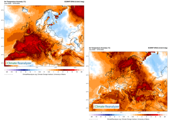 Extreme heat across Europe this summer is expected to cause yield losses in major corn areas. Central France has seen temperatures top 107 degrees Fahrenheit this summer. (Climate Reanalyzer graphics)