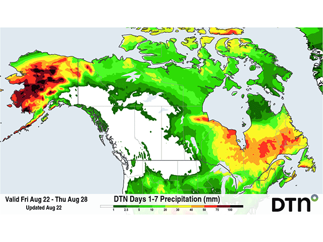 Overall dry weather is forecast for the next week across the Canadian Prairies. (DTN graphic)