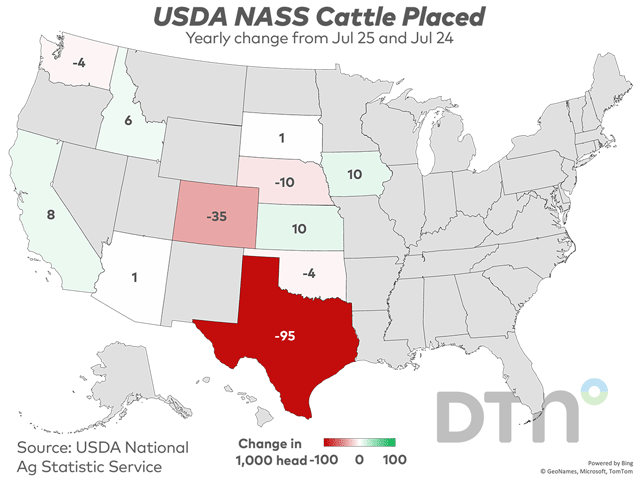 This chart shows the year-to-year change in July placements in feedlots by state. Nationwide, placements in feedlots during July totaled 1.60 million head, 6% below 2024. (Source: USDA; Maps by Kathy Myers)