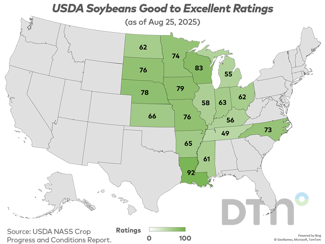 This map shows good-to-excellent condition ratings for soybeans by state, according to USDA NASS estimates released Monday. Nationwide, the soybean crop was rated 69% in good-to-excellent condition, up 1 percentage point from 68% the previous week. (DTN graphic by Kathy Myers)