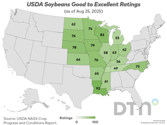 This map shows good-to-excellent condition ratings for soybeans by state, according to USDA NASS estimates released Monday. Nationwide, the soybean crop was rated 69% in good-to-excellent condition, up 1 percentage point from 68% the previous week. (DTN graphic by Kathy Myers)