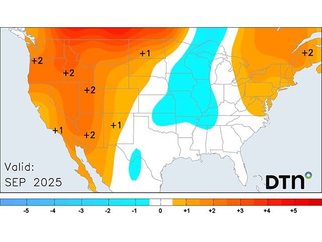 Below-average temperatures are favored across a decent portion of the Corn Belt for the month of September. (DTN image)