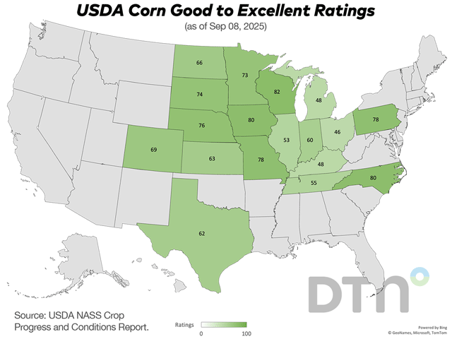 This map shows good-to-excellent condition ratings for corn by state, according to USDA NASS estimates released Monday. Nationwide, the corn crop was rated 68% in good-to-excellent condition, down 1 percentage point from 69% the previous week. (DTN graphic by Kathy Myers)