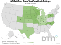 This map shows good-to-excellent condition ratings for corn by state, according to USDA NASS estimates released Monday. Nationwide, the corn crop was rated 68% in good-to-excellent condition, down 1 percentage point from 69% the previous week. (DTN graphic by Kathy Myers)