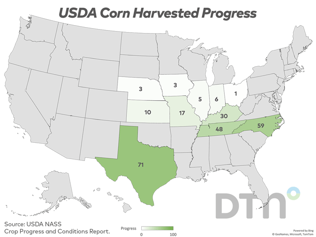 The U.S. corn harvest progressed 3 percentage points last week to reach 7% complete as of Sunday, 1 point behind last year&#039;s 8% and equal to the five-year average. (DTN graphic by Kathy Myers)