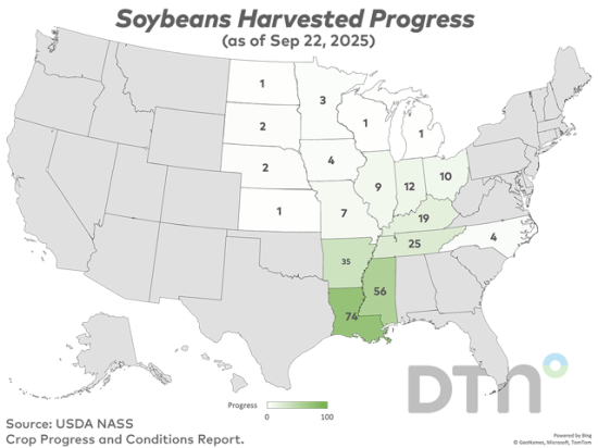 The U.S. soybean harvest progressed 4 percentage points last week to reach 9% complete as of Sunday, 3 points behind last year&#039;s 12% and equal to the five-year average. (DTN graphic by Kathy Myers)