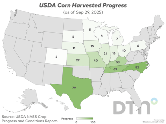 The U.S. corn harvest progressed 7 percentage points last week to reach 18% complete as of Sunday, 2 points behind last year&#039;s 20% and 1 point behind the five-year average of 19%. (DTN graphic by Kathy Myers)
