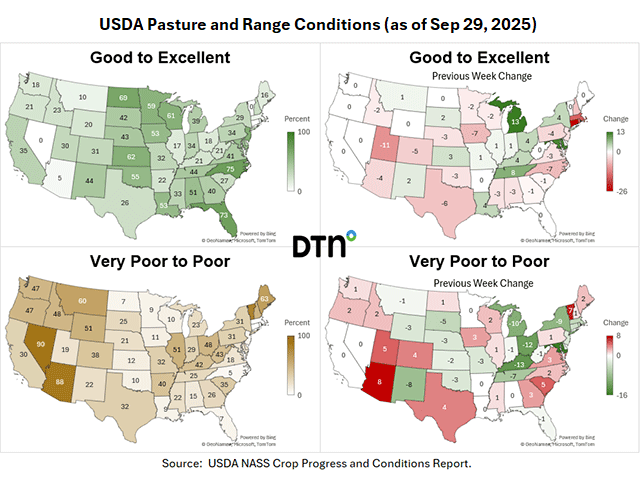 NASS data shows declining pasture and range conditions as compared to last week. (DTN graphics by Kathy Myers)