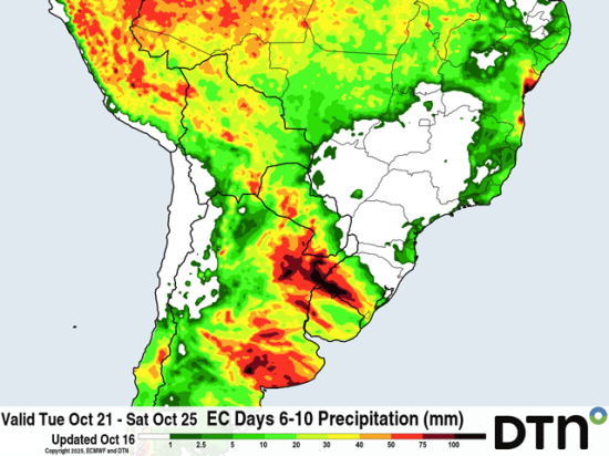 A front sweeping through Brazil could leave some significant areas dry next week. (DTN graphic)