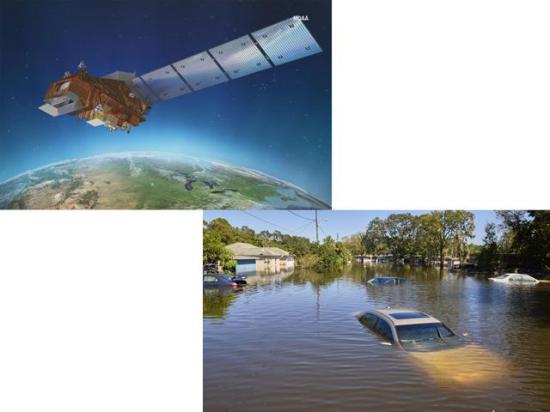 Research using NASA satellites, along with studies of coastal environments facing weather extremes, face significant cuts in the 2026 federal budget. (NOAA satellite image; flood photo by Thea Quinnt)