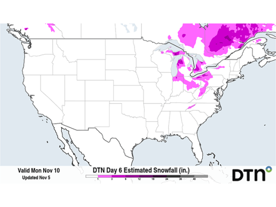 Over 6 inches of lake-effect snow is possible in some spots of the Great Lakes on Nov. 10. (DTN graphic)